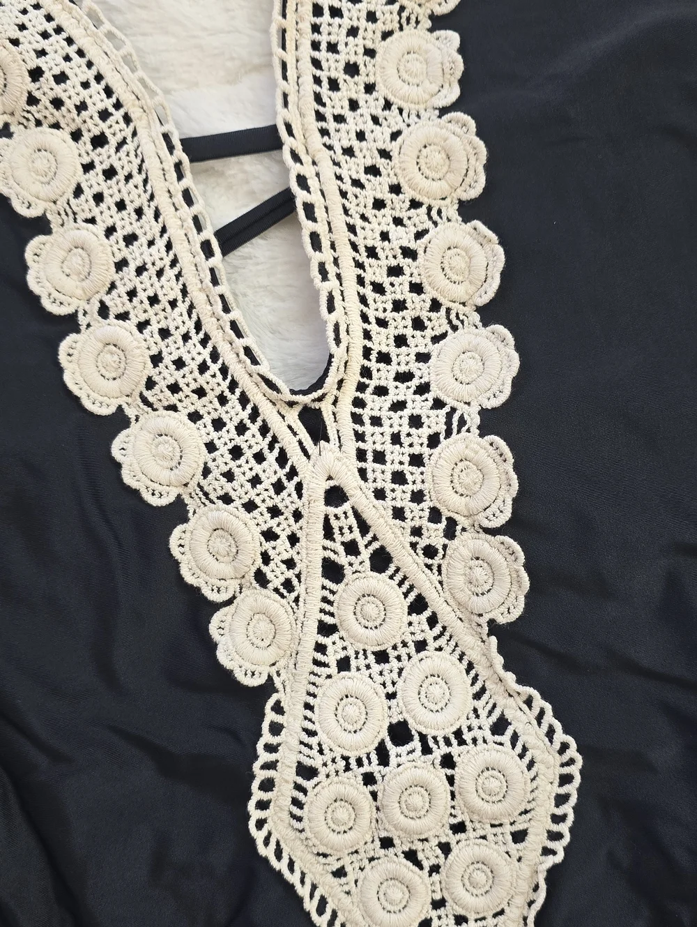 Black One-Piece Swimsuit with Cream Crochet Trim